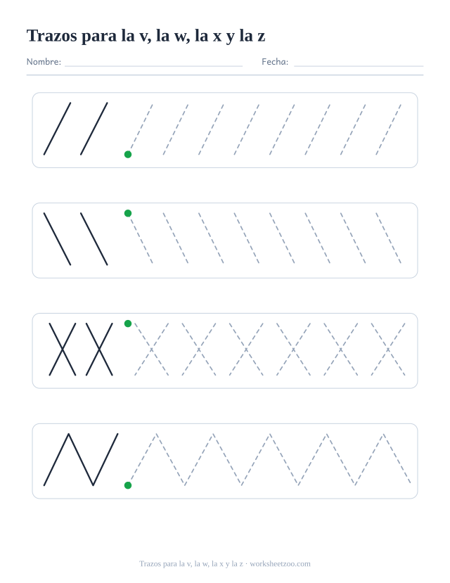 Ficha de grafomotricidad con cuatro trazos distintos, trazos para la v, la w, la x y la z
