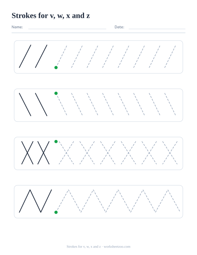 Pre-writing worksheet with four different practice strokes, strokes for v, w, x and z
