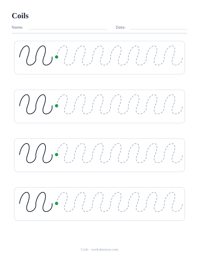 Coils pre-writing practice worksheet, a solid example followed by dashed spiral patterns to trace