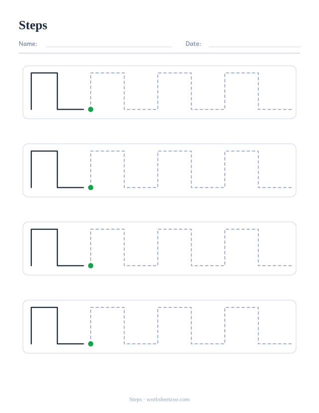 Steps pre-writing practice worksheet, a solid example followed by dashed stairs patterns to trace