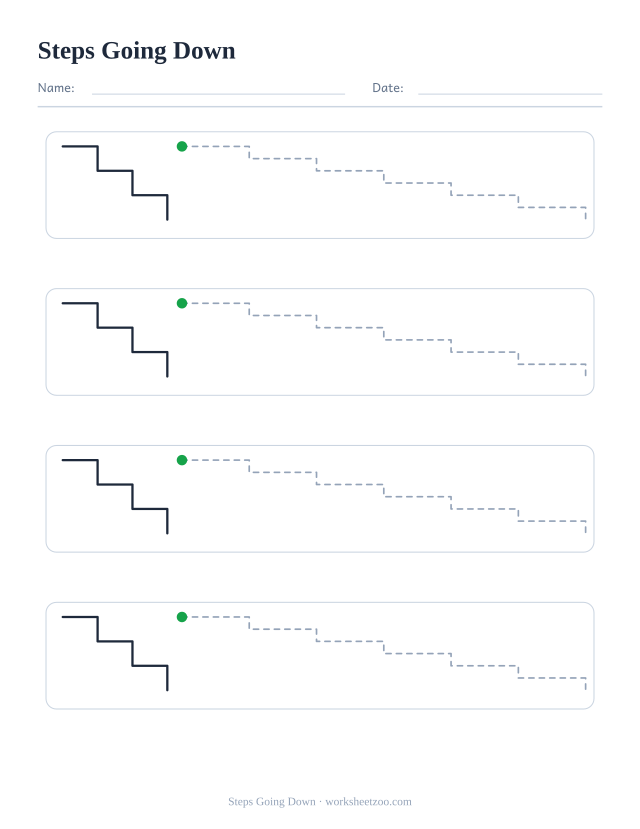 steps going down pre-writing practice worksheet with a solid example and dashed patterns to trace
