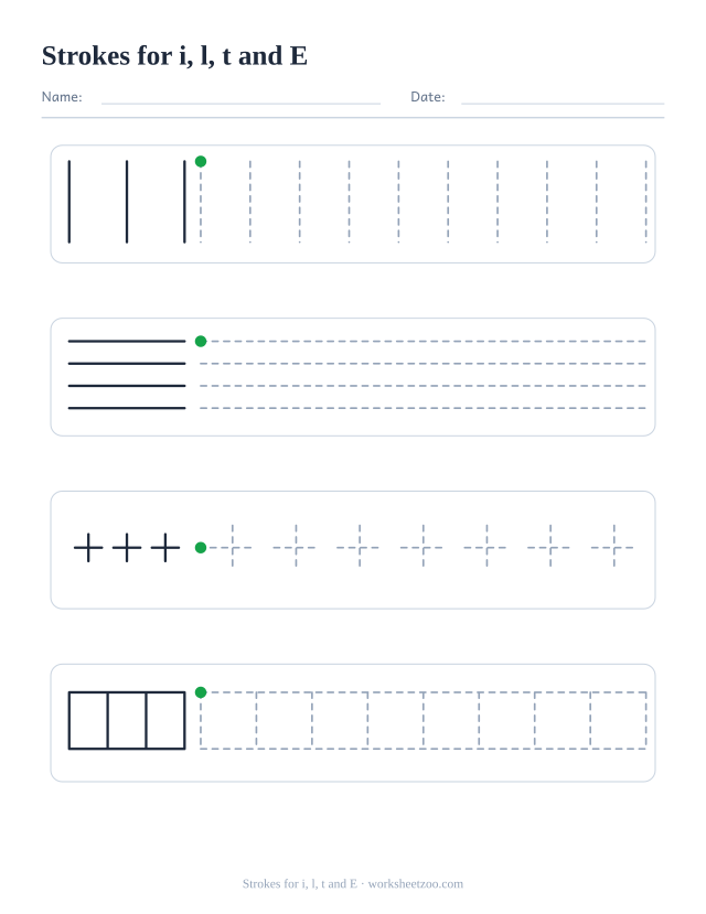 Pre-writing worksheet with four different practice strokes, strokes for i, l, t and e