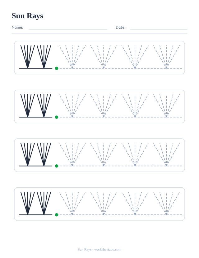 sun rays pre-writing practice worksheet with a solid example and dashed patterns to trace