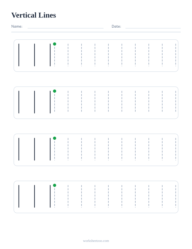 Vertical Lines pre-writing practice worksheet with dashed patterns to trace