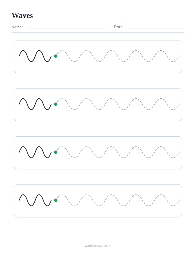 Waves pre-writing practice worksheet with dashed patterns to trace
