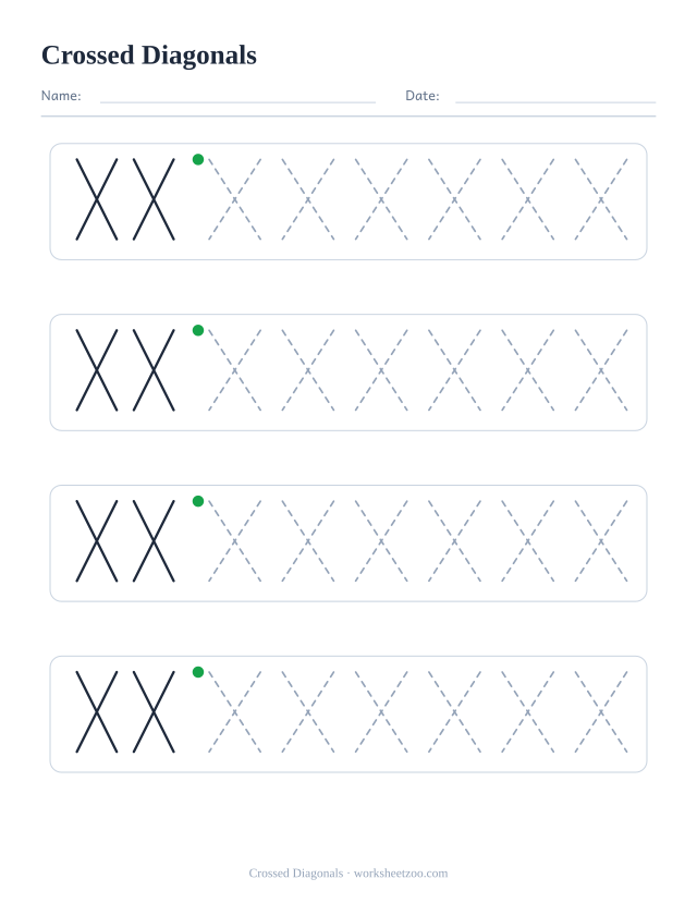 crossed diagonals pre-writing practice worksheet with a solid example and dashed patterns to trace