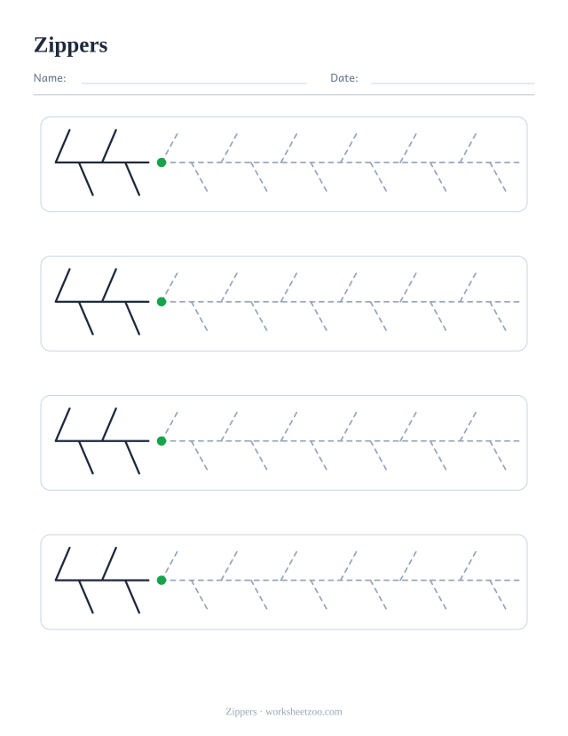 zippers pre-writing practice worksheet with a solid example and dashed patterns to trace