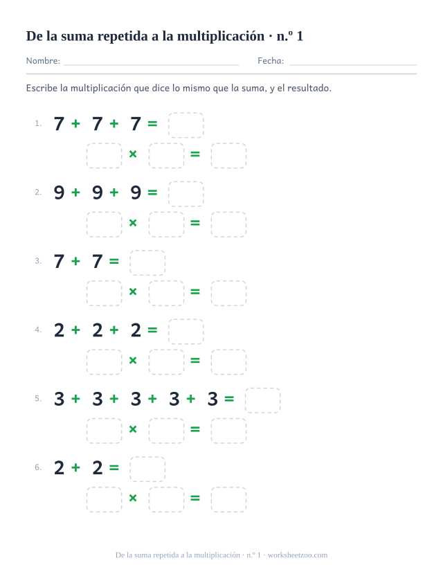 Ficha de suma repetida para convertir sumas de grupos iguales en una multiplicación
