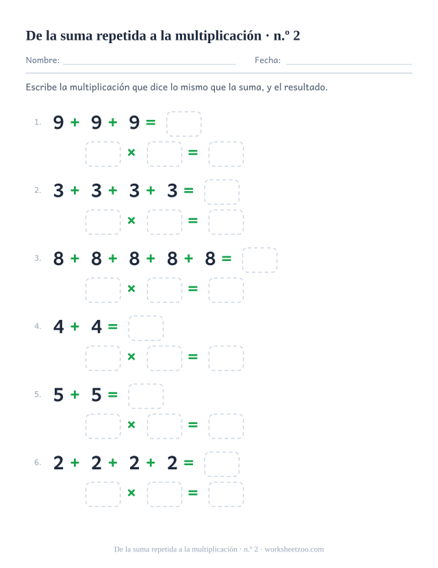 Segunda ficha de suma repetida con sumas de grupos iguales para pasar a multiplicación