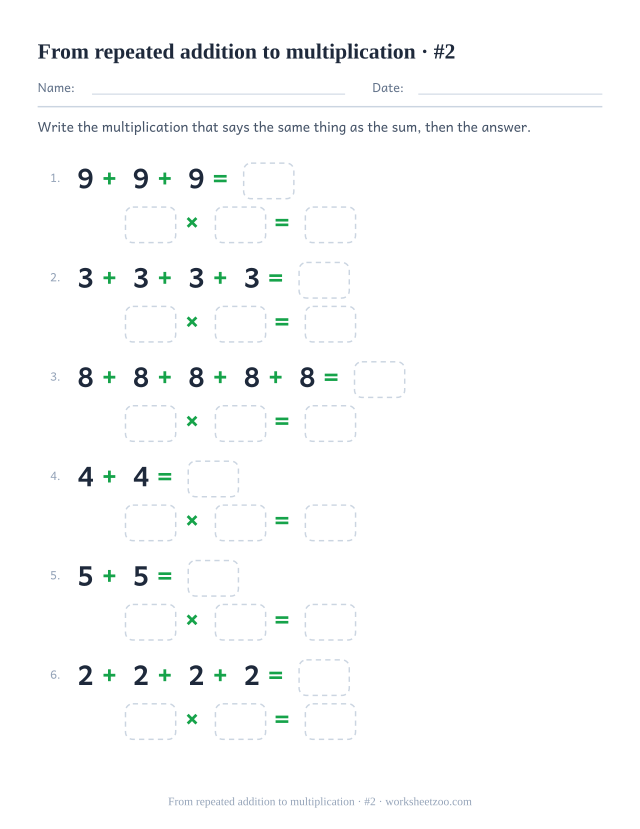 Second repeated addition worksheet with equal-group sums to convert into times facts