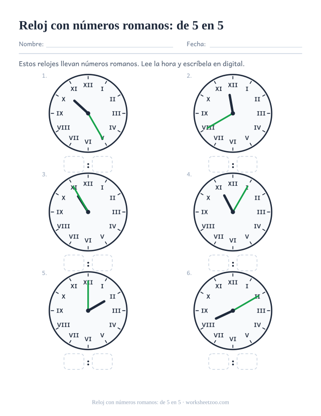 Ficha de relojes con números romanos con horas de cinco en cinco en nueve esferas