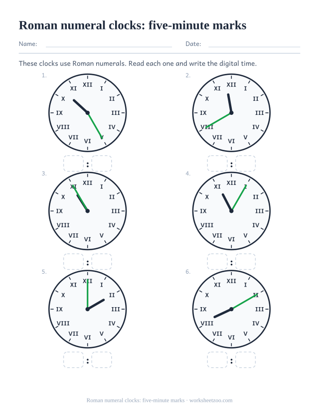 Roman numeral clock worksheet with five-minute times on nine faces to read and write
