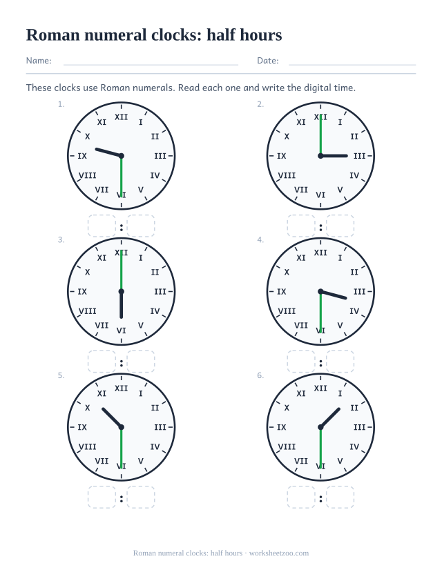 Roman numeral clock worksheet with o'clock and half past times on nine faces
