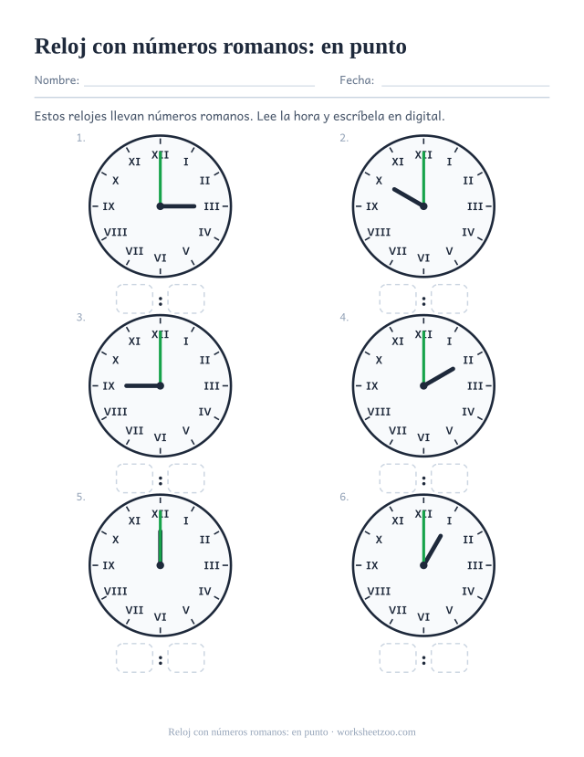 Ficha de relojes con números romanos, nueve esferas en punto para leer y escribir en digital