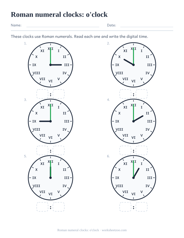 Roman numeral clock worksheet with nine faces showing whole hours to read and write digitally