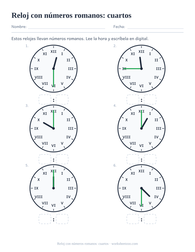 Ficha de relojes con números romanos con horas y cuarto y menos cuarto en nueve esferas