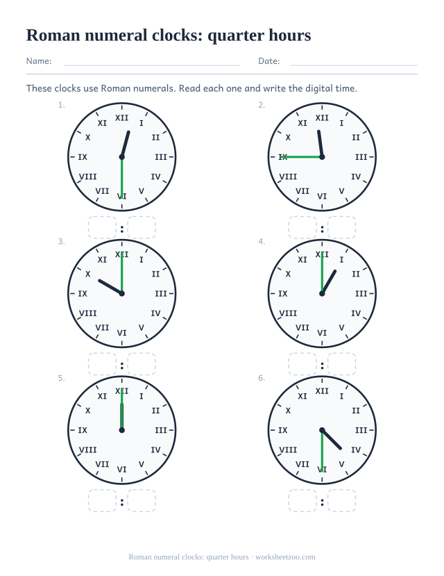 Roman numeral clock worksheet showing quarter past and quarter to on nine dials