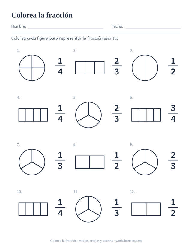 Ficha para colorear fracciones, 12 fracciones escritas con medios, tercios y cuartos para colorear en círculos y barras