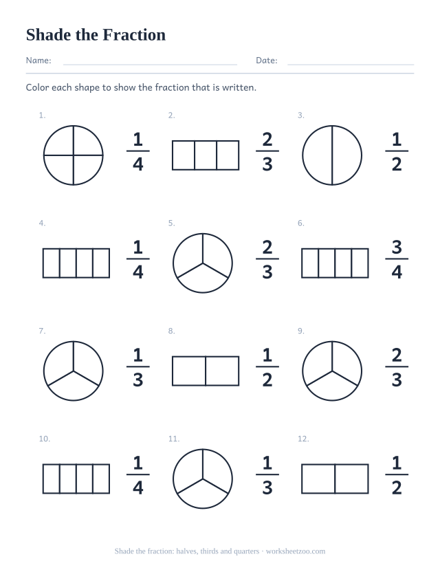 Shade the fraction worksheet, 12 written fractions with halves, thirds and quarters to color in on circles and bars