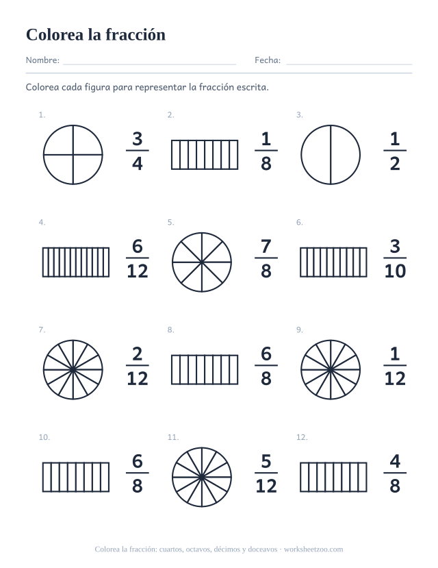 Ficha para colorear fracciones, 12 fracciones escritas con cuartos, octavos, décimos y doceavos para colorear en círculos y barras