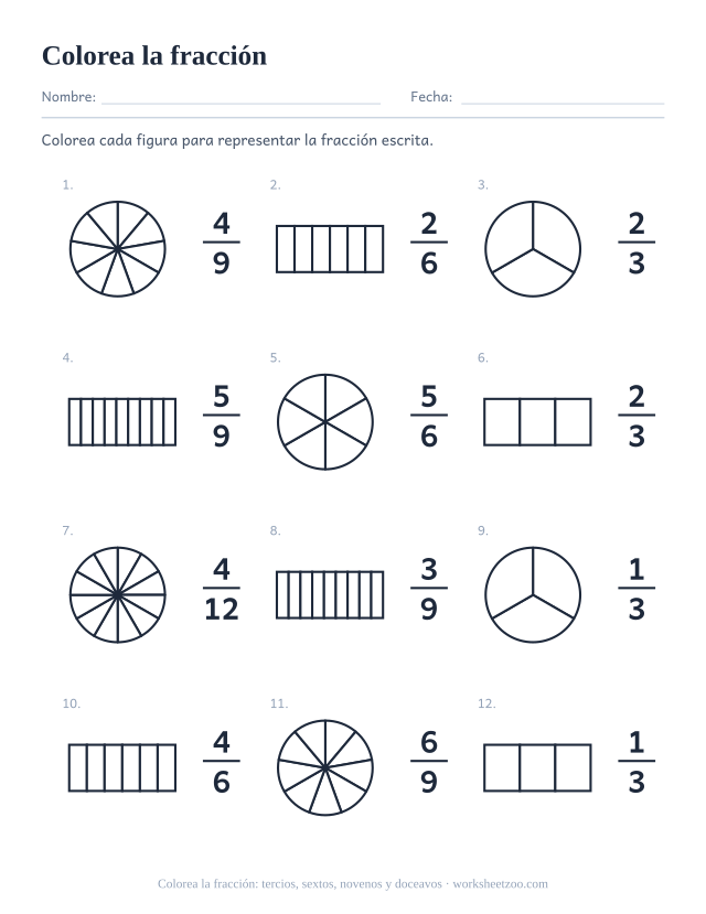Ficha para colorear fracciones, 12 fracciones escritas con tercios, sextos, novenos y doceavos para colorear en círculos y barras