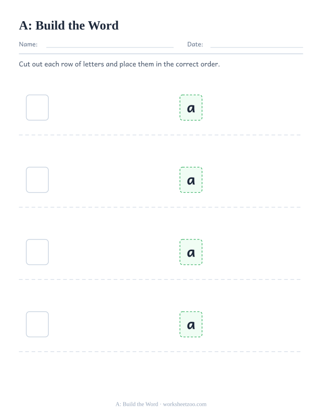 Sight word “a” worksheet, build the word printable activity