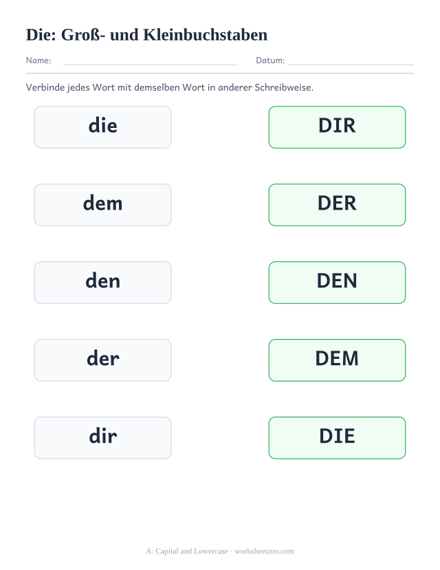 Vorschau: häufiges Wort „die“, Groß- und Kleinbuchstaben