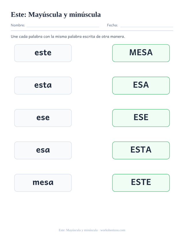 Ficha de la palabra frecuente «este», mayúscula y minúscula para imprimir