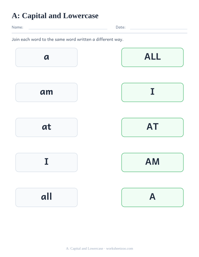 Sight word “a” worksheet, capital and lowercase printable activity