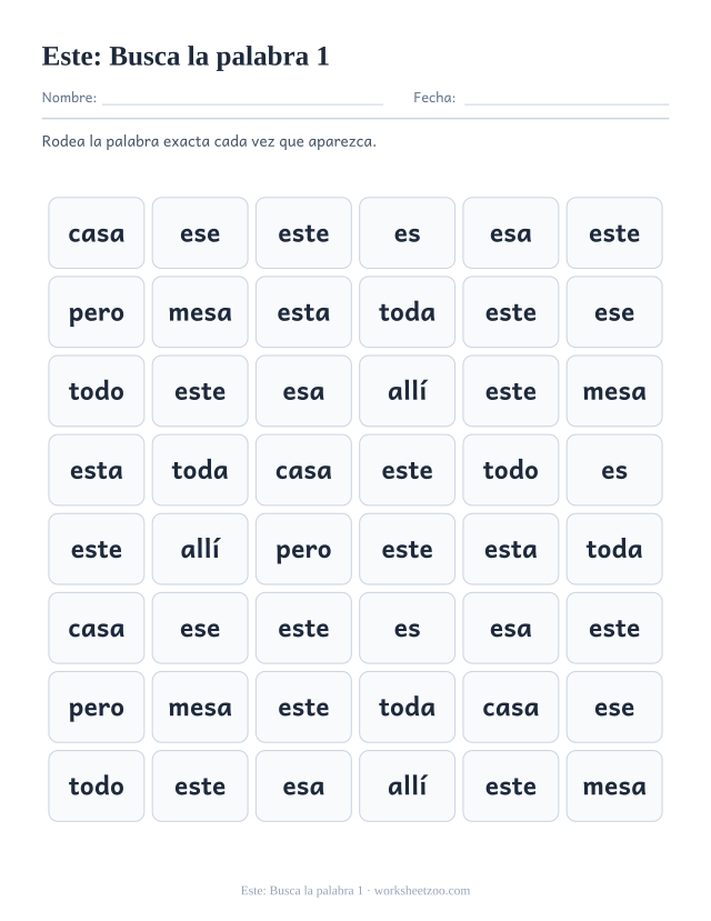 Ficha de la palabra frecuente «este», busca la palabra 1 para imprimir