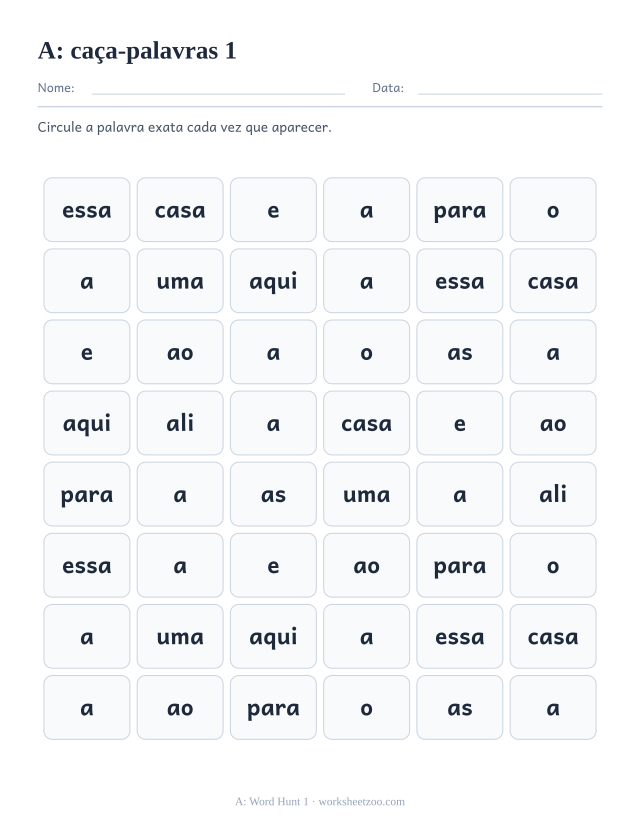 Prévia da palavra frequente “a”, caça-palavras 1