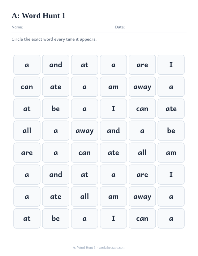 Sight word “a” worksheet, word hunt 1 printable activity