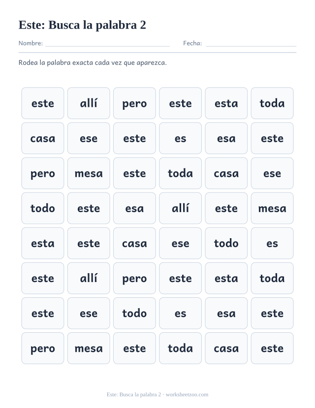 Ficha de la palabra frecuente «este», busca la palabra 2 para imprimir