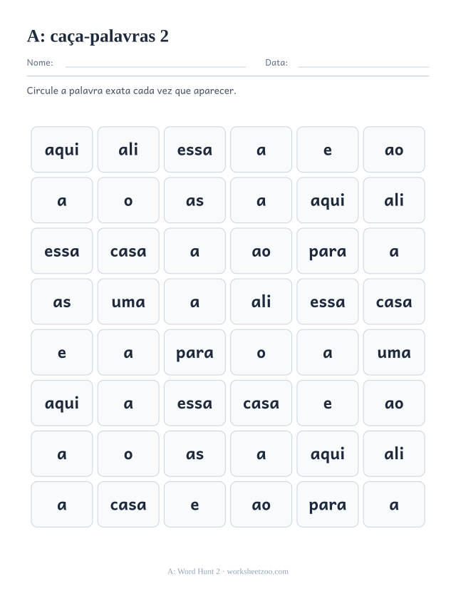 Prévia da palavra frequente “a”, caça-palavras 2