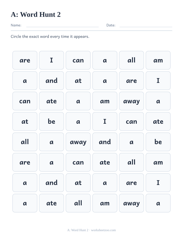 Sight word “a” worksheet, word hunt 2 printable activity