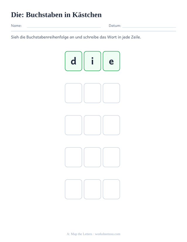 Vorschau: häufiges Wort „die“, Buchstaben in Kästchen
