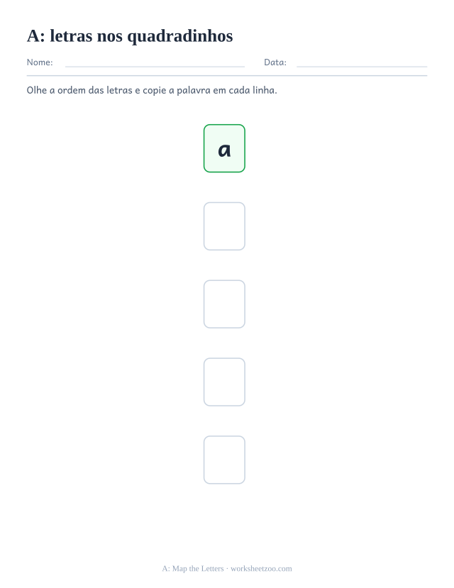 Prévia da palavra frequente “a”, letras nos quadradinhos