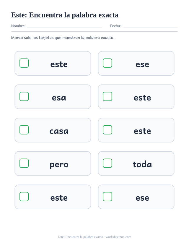 Ficha de la palabra frecuente «este», encuentra la palabra exacta para imprimir