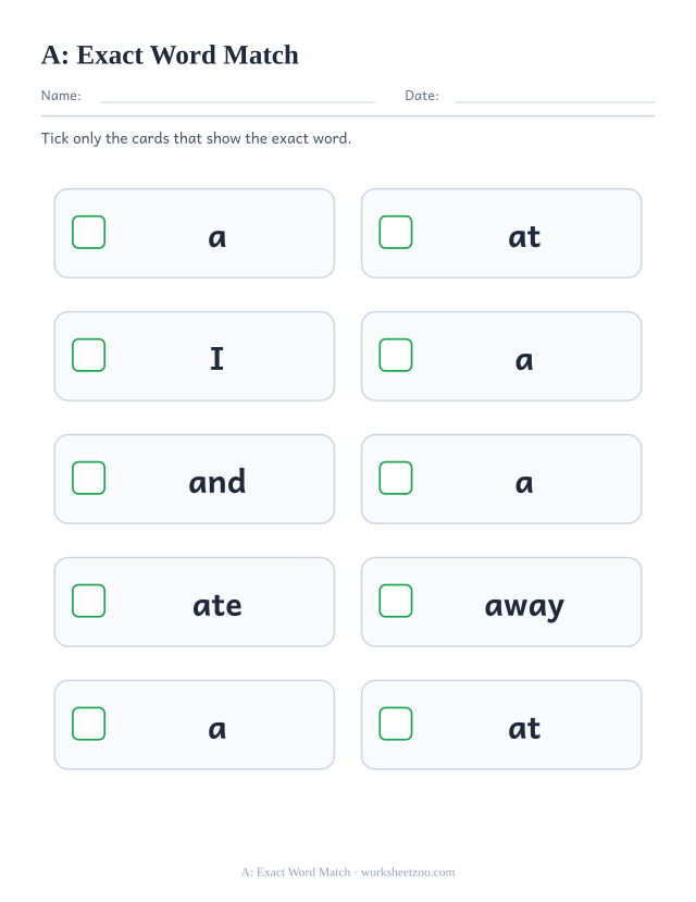 Sight word “a” worksheet, exact word match printable activity