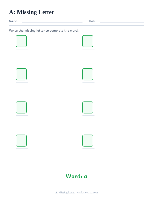 Sight word “a” worksheet, missing letter printable activity