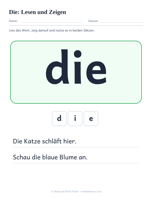Vorschau: häufiges Wort „die“, Lesen und Zeigen
