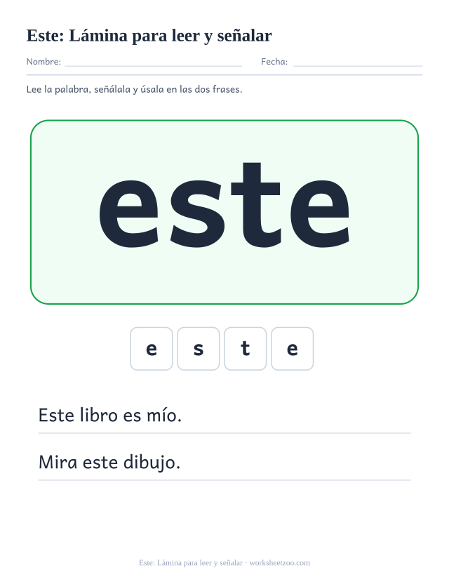 Ficha de la palabra frecuente «este», lámina para leer y señalar para imprimir