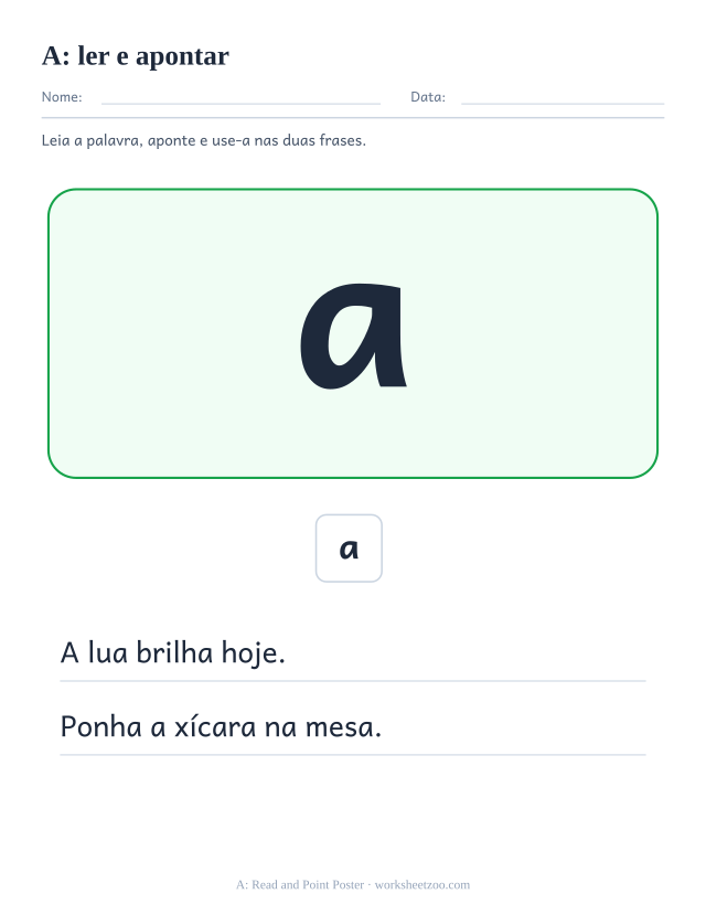 Prévia da palavra frequente “a”, ler e apontar