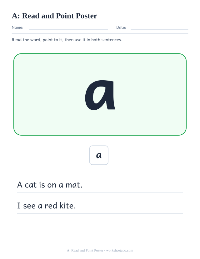 Sight word “a” worksheet, read and point poster printable activity