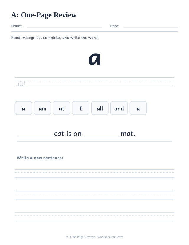 Sight word “a” worksheet, one-page review printable activity