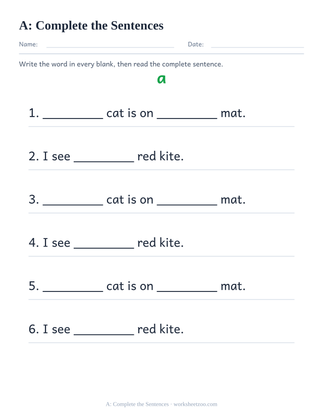 Sight word “a” worksheet, complete the sentences printable activity
