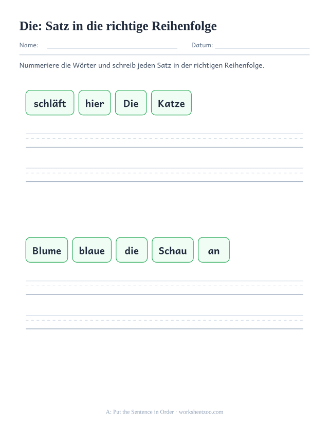 Vorschau: häufiges Wort „die“, Satz in die richtige Reihenfolge