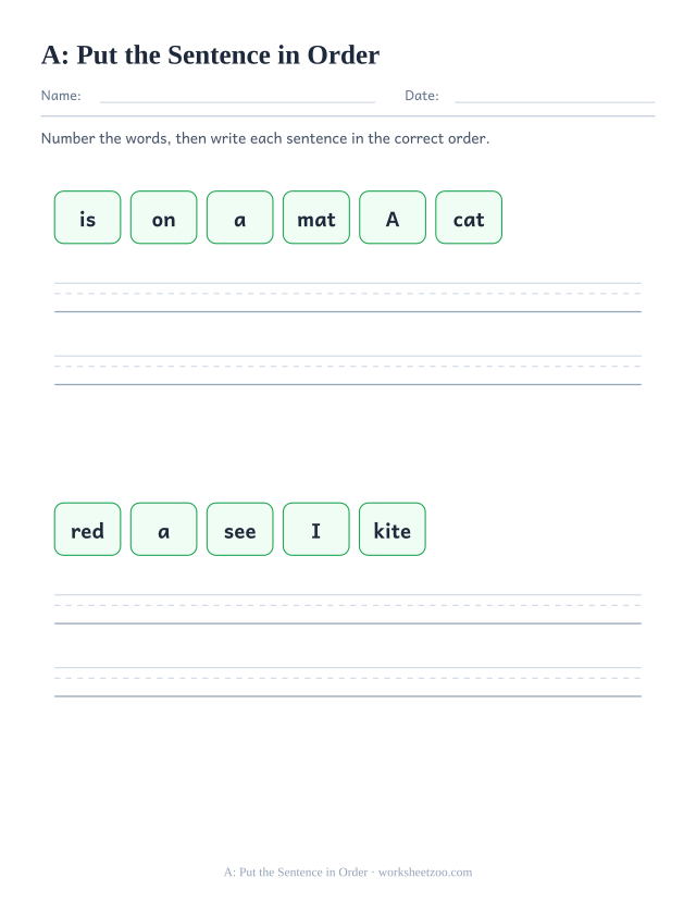 Sight word “a” worksheet, put the sentence in order printable activity