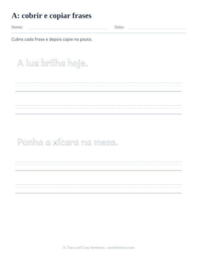 Prévia da palavra frequente “a”, cobrir e copiar frases