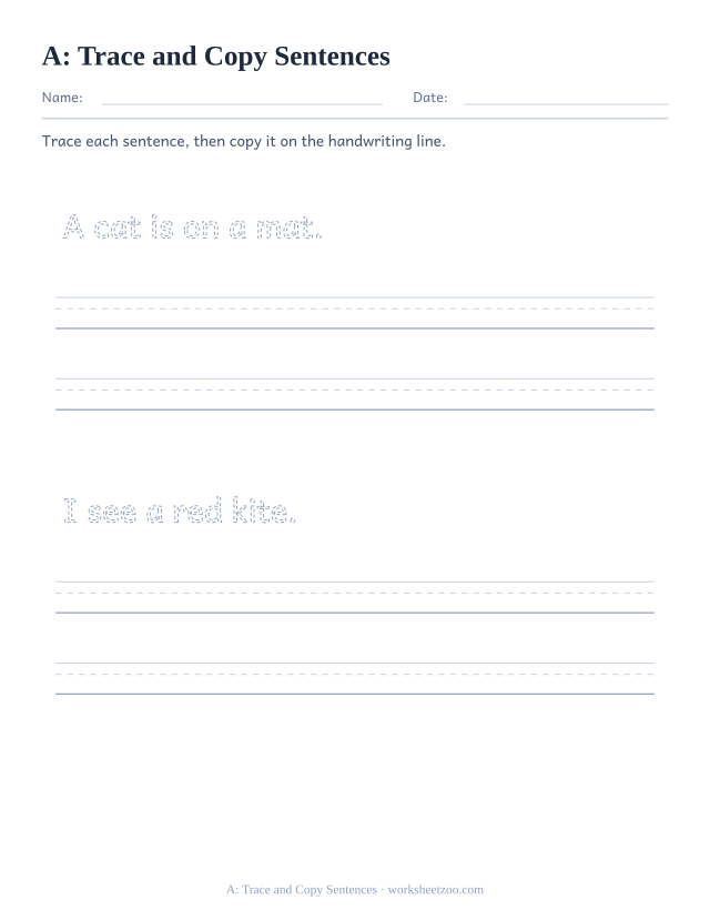 Sight word “a” worksheet, trace and copy sentences printable activity